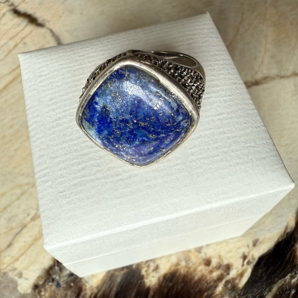 Genuine Lapis Lazuli & Marcasite Silver (925) Ring - Size 9